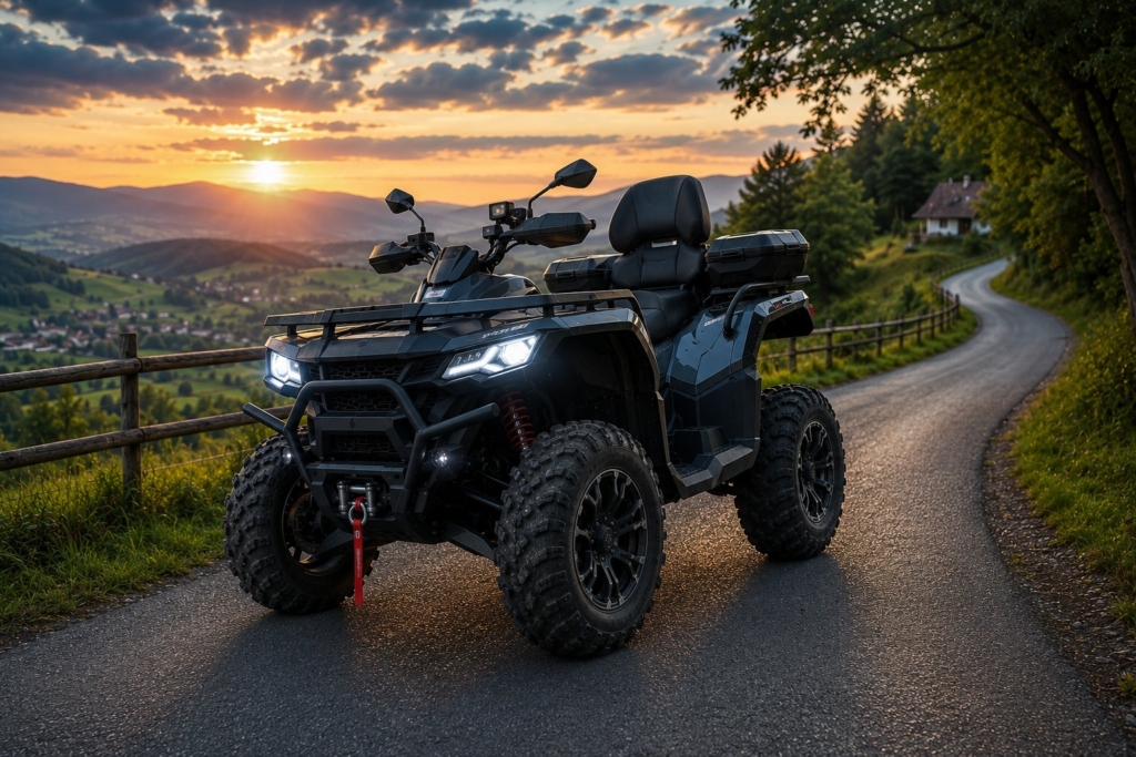 Quad vozilo na cesti u prirodi pri zalasku sunca