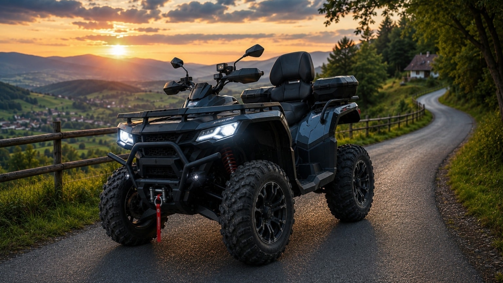 Quad vozilo na cesti u prirodi pri zalasku sunca